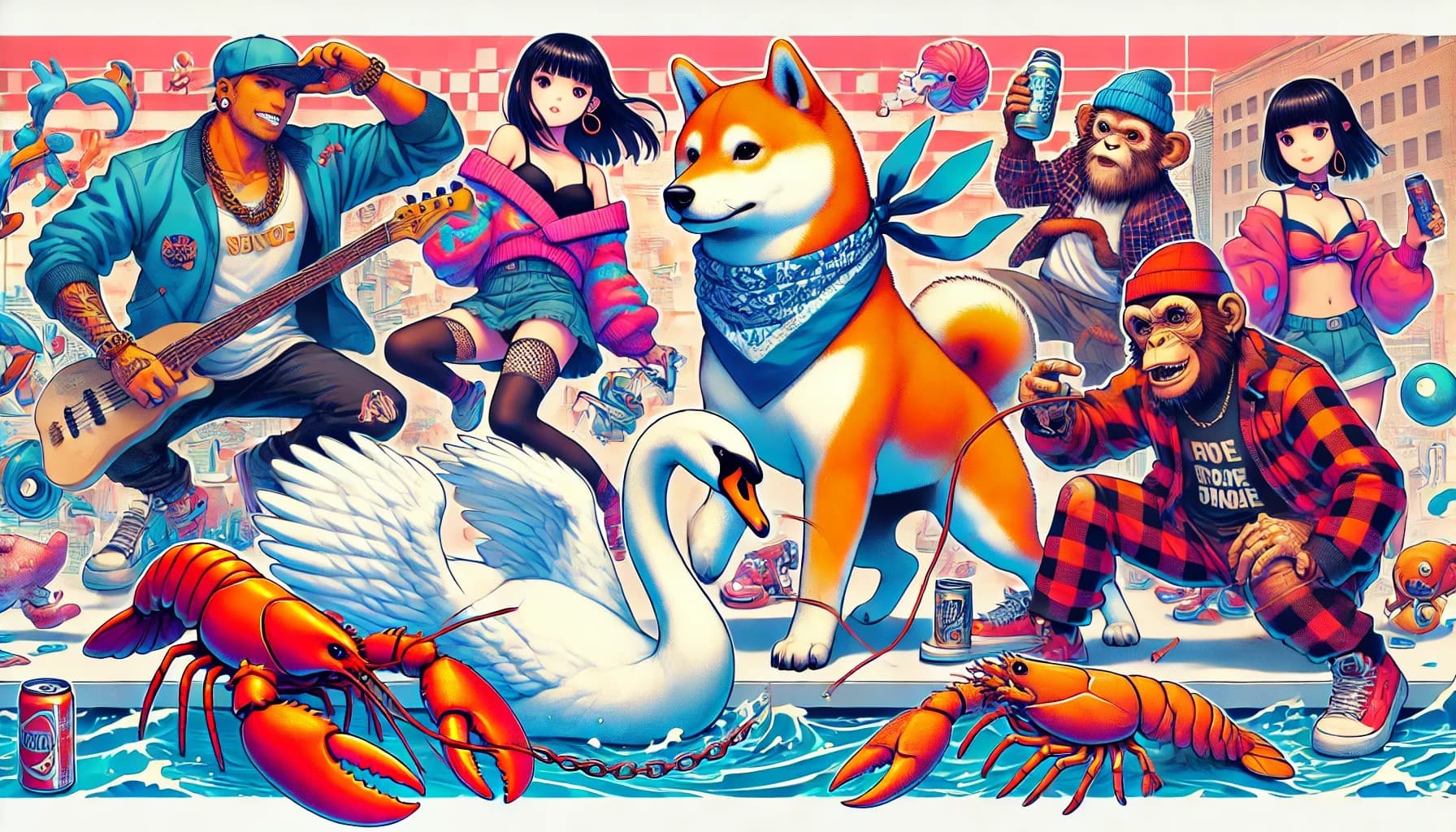 Community Mayhem Banner featuring animated characters including a Shiba Inu, swan, lobsters, and monkeys in a vibrant street art style